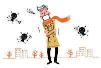 インフルエンザウイルスは寒さと乾燥に強く、暑さと湿気に弱いいので、冬は最も活発になる季節です。インフルエンザウイルスは、A型、B型、C型の3タイプがありますが、大規模な流行を起こすのはA型とB型で、突然変異して大流行を起こす新型ウイルスも報告されています。インフルエンザウイルスは、普通の風邪ウイルスと違い、空気中にただよって長時間生きることができるので、ウイルスがいる空気を吸い込むだけでも感染してしまいます。そのため、感染者がいれば、その周辺にいる人にも感染しやすくなります。