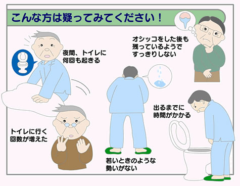 若いころは、気持ちよく尿が出せていたが、「尿の勢いが弱い」、「おっしこをする時、お腹に力を要する」「残尿感を感じる」、「昼間のトイレが近い」、「夜間のトイレが近い」、「急に尿意を催し、我慢できない」といった症状に心当たりがありませんか？心当たりのある方は「年のせい」とあきらめていませんか？